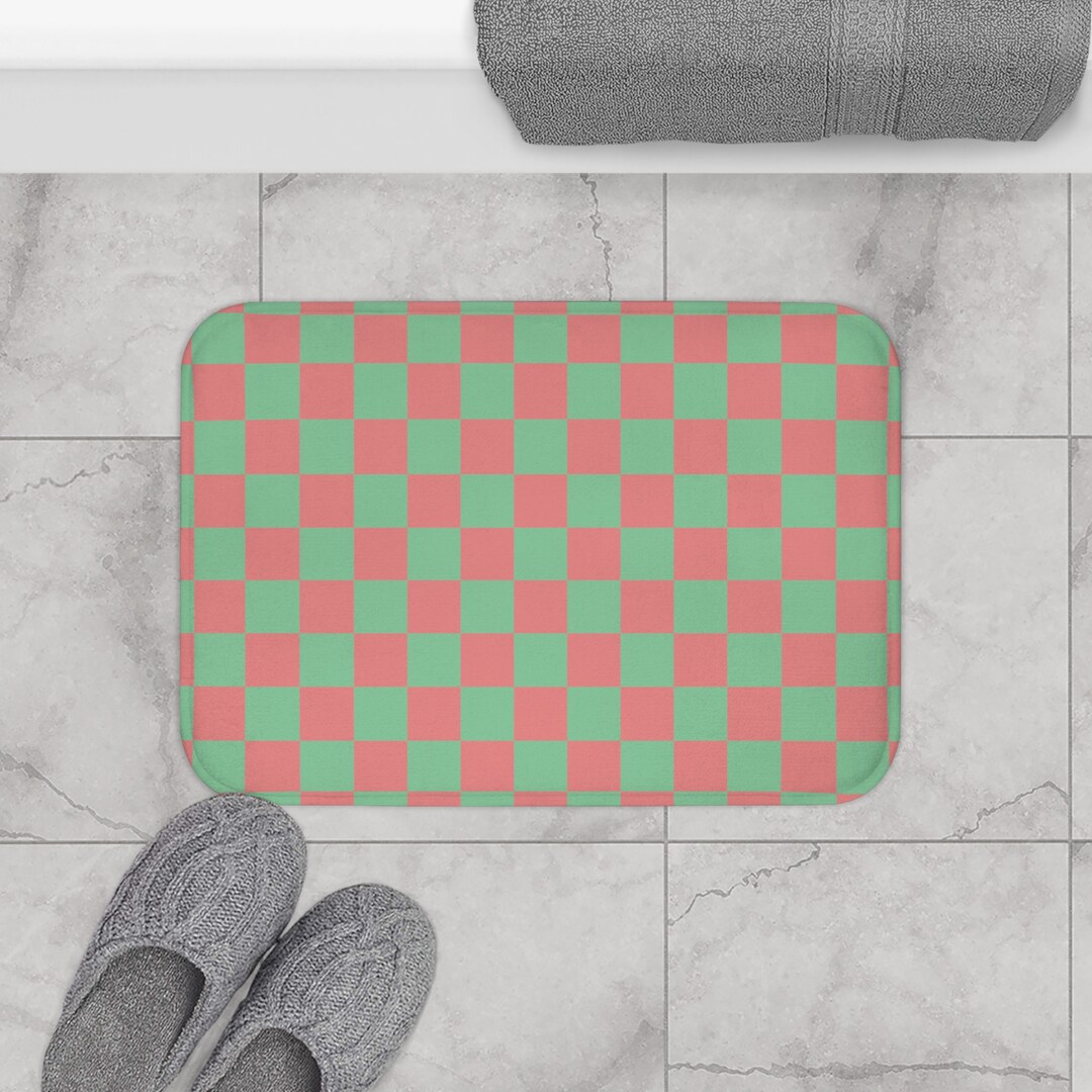 Green & Pink Checkered Bath Mat Etsy