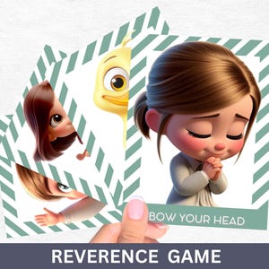 May include: A hand holds several cards with cartoon illustrations. The cards feature images of a girl, a duckling, and other characters. The text "BOW YOUR HEAD" and "REVERENCE GAME" are visible on the cards.