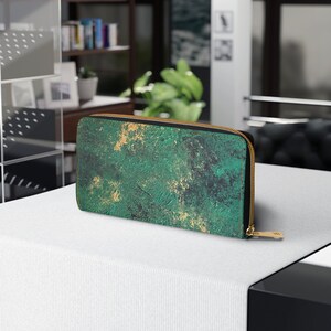 Faux Leather Wallet, Zip, Gold Thread, Pockets, Emerald Depths Design