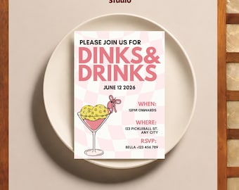 Pickleball Birthday Invitation, Dinks and Drinks Invite, Pink Party Invitation, Editable Canva Template, Printable Digital Invite