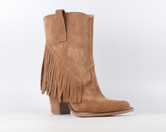 Denver I Fun Fringe beige Boots Mid calf. Sway. Fun dance. Concert. Fashion. Comfy. Fall trends. Western Cowgirl. Women ladies winter boots.