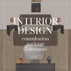 May include: A bedroom interior design consultation package with three design options. The image shows a bed with a brown headboard, two bedside tables with lamps, and a framed picture above the bed. The text "INTERIOR DESIGN consultation package (3 designs)" is displayed in the center of the image. A button labeled "START NOW" is visible in the bottom center of the image.