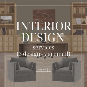 Pode incluir: Um anúncio de design de interiores com uma configuração de escritório em casa. A imagem inclui duas poltronas cinzentas, uma secretária de madeira e estantes. O texto diz "INTERIOR DESIGN services (3 designs via email)" com um botão "START NOW".
