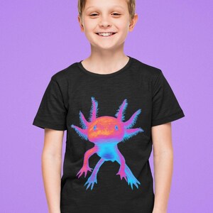 May include: A black t-shirt with a colorful axolotl graphic. The axolotl is a pink, blue, and orange amphibian with feathery gills.