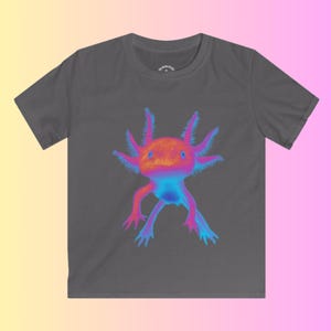 May include: A dark gray t-shirt with a colorful axolotl graphic. The axolotl is pink, blue, and purple with a white outline. The axolotl is facing forward with its mouth closed.