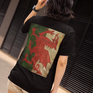 Welsh Dragon T-Shirt: Vintage Backprint Baner Cymru Tee, Wales Flag Pride Vintage Style Tshirt, Welsh Patriotic T Shirt, Gift For Welshman