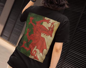 Welsh Dragon T-Shirt: Vintage Backprint Baner Cymru Tee, Wales Flag Pride Vintage Style Tshirt, Welsh Patriotic T Shirt, Gift For Welshman