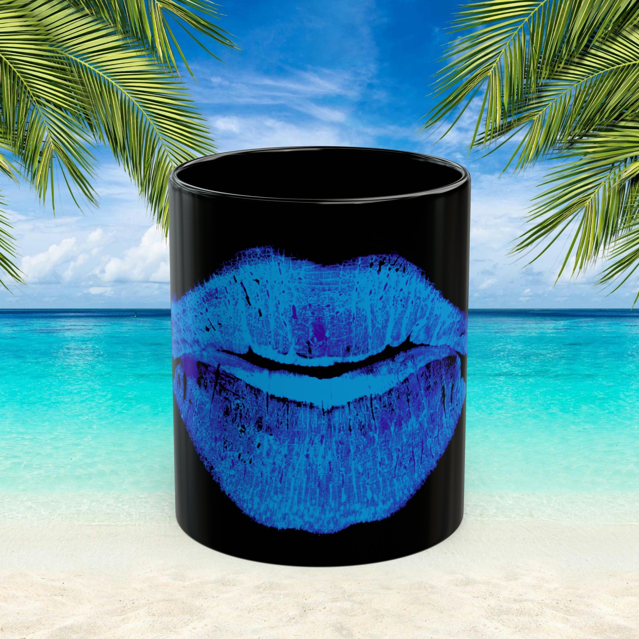 Blue Kissing Lips Black Mug 11oz, 15oz, Womens Bright Graphic Coffee