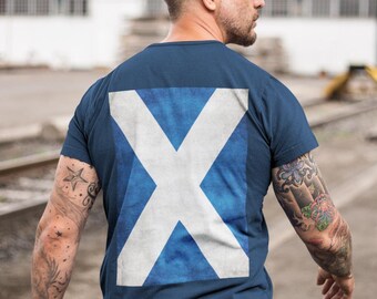 Backprinted Scottish Flag T-Shirt: Cool Vintage Distressed Saltire Tee, Scotland Pride Vintage Style Tshirt, Fun Festival Scots Pride Shirt