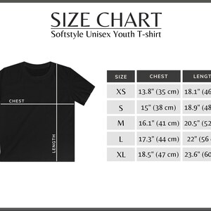 May include: Size chart for a youth t-shirt. The chart shows sizes XS through XL with corresponding chest and length measurements in inches and centimeters.