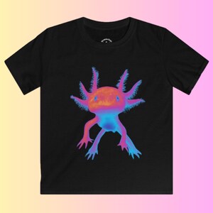 May include: Black t-shirt with a neon pink and blue axolotl graphic print.