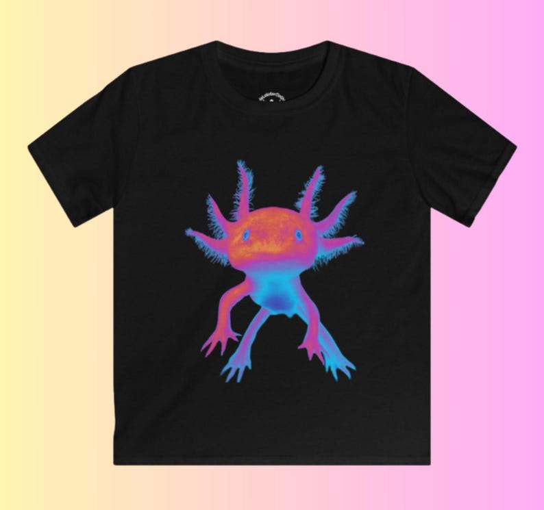 May include: Black t-shirt with a neon pink and blue axolotl graphic print.