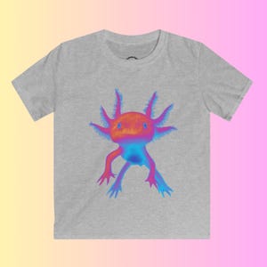 May include: A grey t-shirt with a neon pink, blue, and orange axolotl graphic.