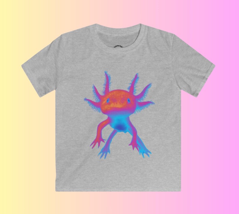 May include: A grey t-shirt with a neon pink, blue, and orange axolotl graphic.