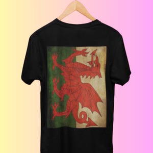 バックプリントのウェールズ国旗Tシャツ、メンズ ヴィンテージ レッドドラゴンTシャツ、ダメージ加工のバナー カムリ トップ、ティーンエージャー クール スケートパーク Y Ddraig Goch Tシャツ