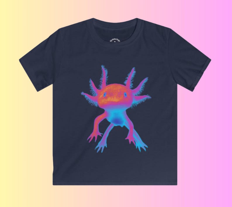 May include: A navy blue t-shirt with a neon pink and blue axolotl graphic. The axolotl is a type of salamander with feathery gills.