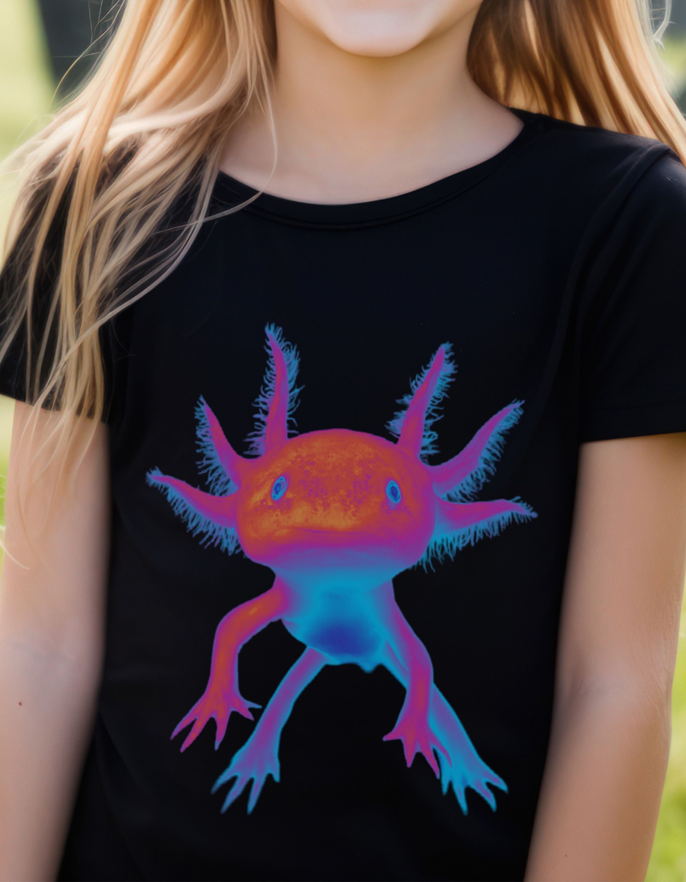 Kids Neon Colors Axolotl T-Shirt, Cute Sea Creature Party Tshirt, Boys And Girls Funny Summer Tee, Vibrant Bright Marine Life Park Play Top