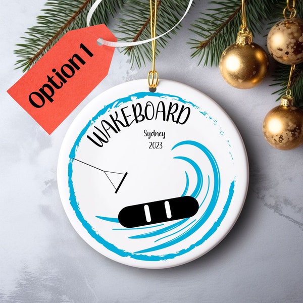 Personalized surfing ornament, personalize wakeboarding ornament, name ornaments, water sport ornaments,