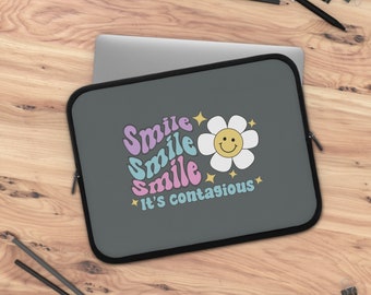 Smile, It's Contagious Laptop Sleeve, Grey laptop sleeve with daisy