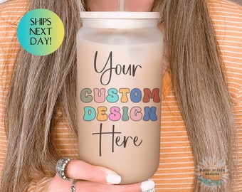 Custom Iced Coffee Cup Glass With Lid + Straw Frosted Custom Design Glass Tumbler Personalized 16oz Class Cup Matching Business Logo Tumbler