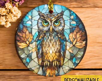 Owl Ornament, Stained Glass Effect Round Ceramic Christmas Ornament, Owl Lover Gift, Personalized Christmas Ornament, Holiday Gift Idea