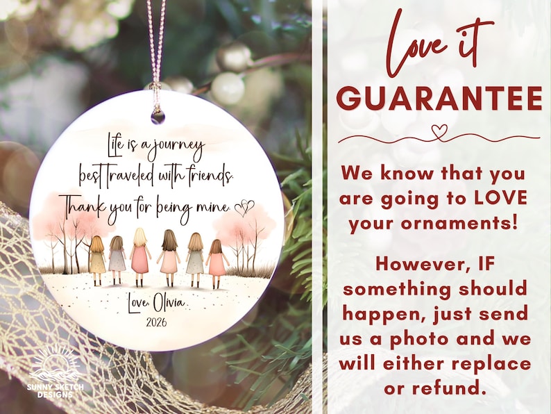 May include: A round white ceramic ornament featuring an illustration of six figures standing in a row among pink trees. The text reads: Life is a journey best traveled with friends. Thank you for being mine. Love, Olivia. 2026. A silver string is attached.