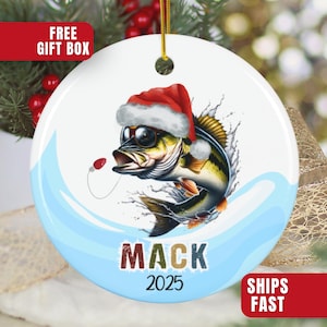 Fishing Ornament: Personalized Bass with Santa Hat Fishing Christmas Ornament With Name & Year, Fishing Lover Ornament, Fisherman Ornament