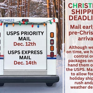May include: A white delivery truck with a string of colorful Christmas lights across the top. The rear door displays text: USPS PRIORITY MAIL Dec. 12th and USPS EXPRESS MAIL Dec. 14th. To the right, text reads CHRISTMAS SHIPPING DEADLINES.
