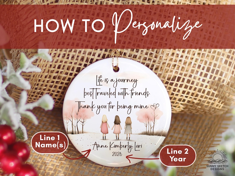 May include: A round white ceramic ornament featuring an illustration of three friends standing in a landscape with pink trees. The text reads: Life is a journey best traveled with friends. Thank you for being mine. Anne, Kimberly, Lori, and 2026.