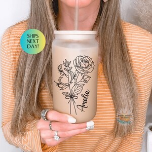 Personalized Birth Flower Glass Cup + Name, Frosted Iced Coffee Cup, Bridesmaid Proposal Gift, Personalized Birth Flower Gift, Birthday Gift