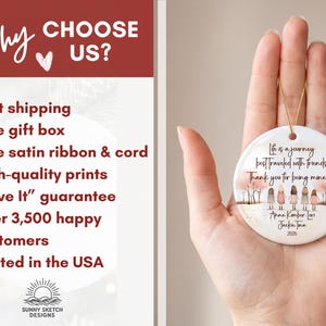 May include: A round white ceramic ornament featuring a printed illustration of five figures standing in a row, with the text "Life is a journey best traveled with friends. Thank you for being mine," names "Anne Kimber-Lori Jackie Tina," and "2026."