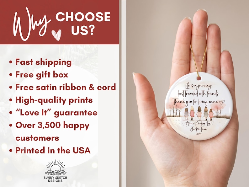 May include: A round white ceramic ornament featuring a printed illustration of five figures standing in a row, with the text "Life is a journey best traveled with friends. Thank you for being mine," names "Anne Kimber-Lori Jackie Tina," and "2026."