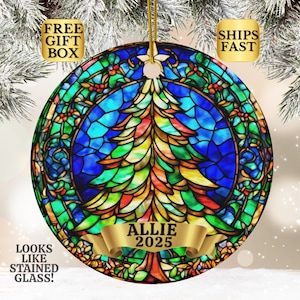 Tree Ornament with Faux Stained Glass Design, Personalized Christmas Tree Ornament with Name and Year, Holiday Custom 2025 Tree Ornament