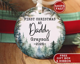 Personalized First Christmas as Daddy Ornament, Forest Graphic, Ceramic Keepsake