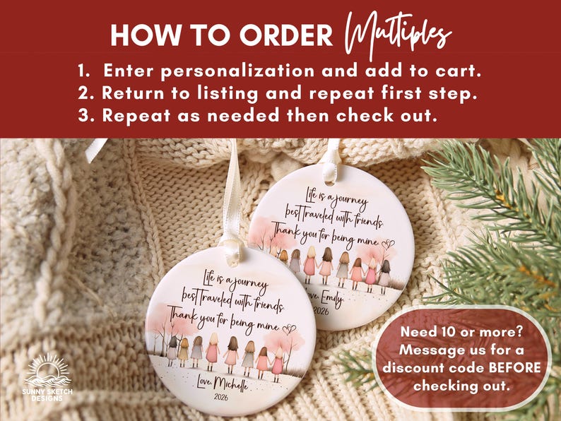 May include: Two round white ceramic ornaments with white ribbon hangers. Each features a printed illustration of seven people holding hands, pink trees, and the text: Life is a journey best traveled with friends. Thank you for being mine. Love, Michelle 2026.