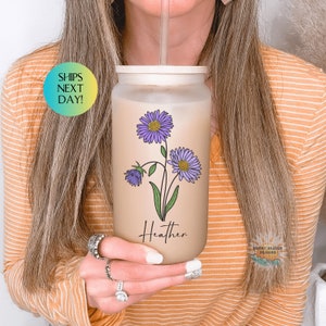 Personalized Birth Flower Glass Cup + Name, Frosted Glass Cup, Personalized Glass Tumbler Personalized Birth Flower Tumbler Birthday for Her