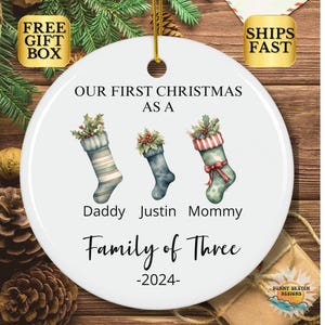 Family of Three Christmas Ornament, Personalized Family Ornament, Family of 3, Family 3, Stocking Ornament, Baby&#39;s First Christmas Ornament