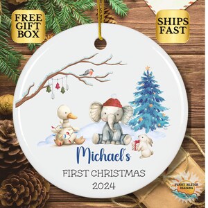 Baby&#39;s First Christmas Ornament, Custom Baby Boy Ornament 2024, Personalized First Christmas Boy Ornament Personalized Baby Animals Ornament