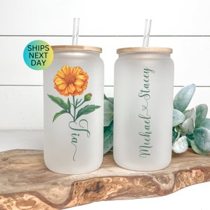 Personalized Tia Birth Flower Glass Cup + Name, Tia Glass Can + Kids Name Frosted Mothers Day Tumbler Cup Birth Flower Glass Tumbler