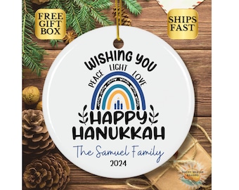 Happy Hanukkah Ornament, Personalized Hanukkah Gift Ornament, Hanukkah Decor, Jewish Ornament, Menorah Christmas Ornament, Hebrew Holiday