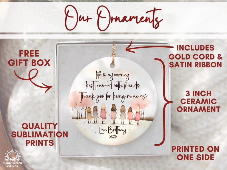 May include: A 3-inch round white ceramic ornament featuring a printed illustration of seven friends holding hands under pink trees. The text reads: Life is a journey best traveled with friends. Thank you for being mine. Love, Brittany 2026.