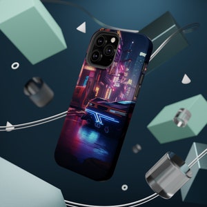 May include: A black phone case featuring a neon cityscape with a futuristic car driving through the streets. The car has blue neon lights and the city is illuminated with colourful lights.