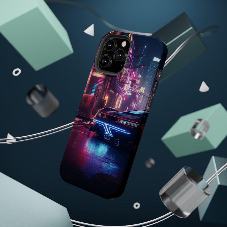 May include: A black phone case featuring a neon cityscape with a futuristic car driving through the streets. The car has blue neon lights and the city is illuminated with colourful lights.