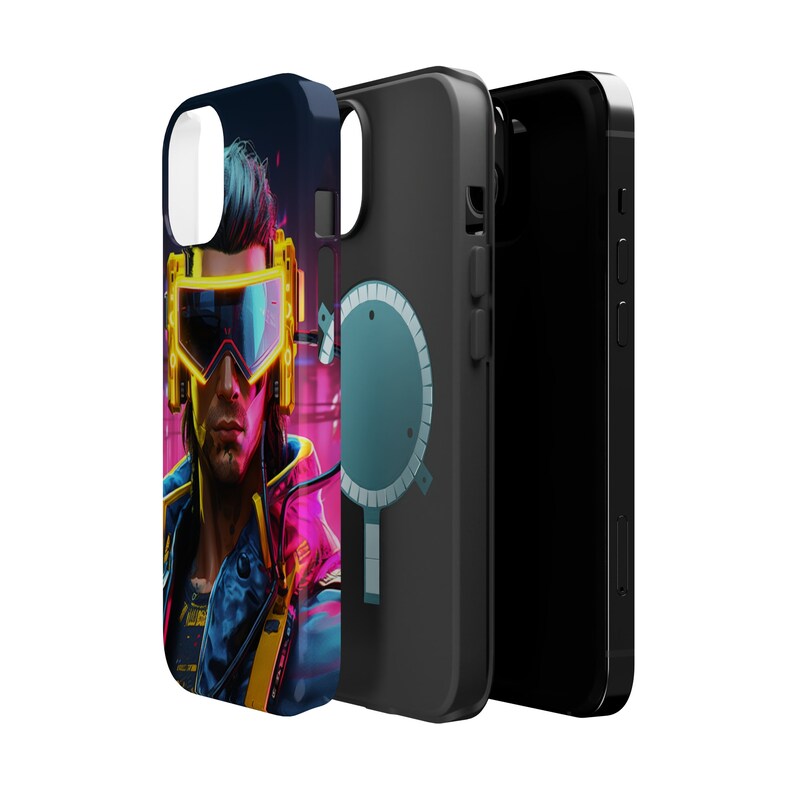 May include: A black phone case with a colorful image of a person wearing futuristic goggles and a jacket. The case has a black and blue circular design on the back.