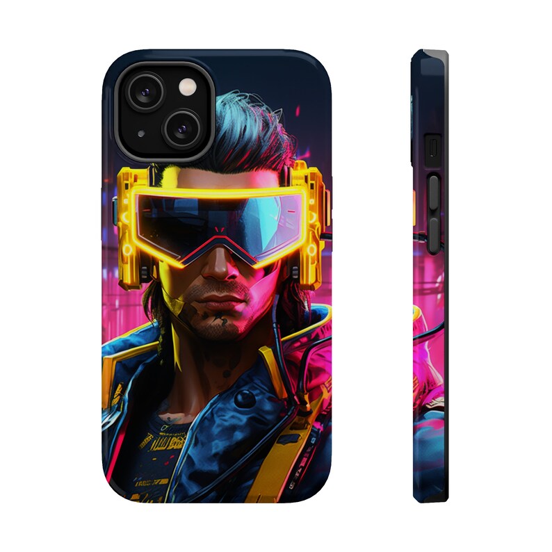 May include: A phone case with a cyberpunk-style illustration of a person wearing yellow goggles and a blue jacket against a neon background.