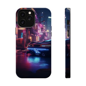 May include: A phone case featuring a neon blue and red sports car driving through a city at night. The car is on a wet street with neon lights reflecting on the pavement.