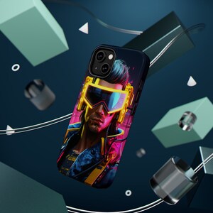 May include: A phone case with a colorful illustration of a person wearing a futuristic helmet and jacket. The background is a dark blue with geometric shapes.