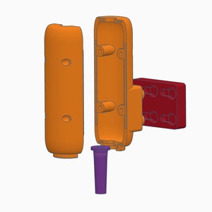 May include: A disassembled orange plastic case with a purple plastic tube and a red plastic piece with multiple holes. The case has a rectangular shape and is open on one side. The tube is cylindrical and has a rounded top. The red piece is rectangular and has a series of holes on one side.
