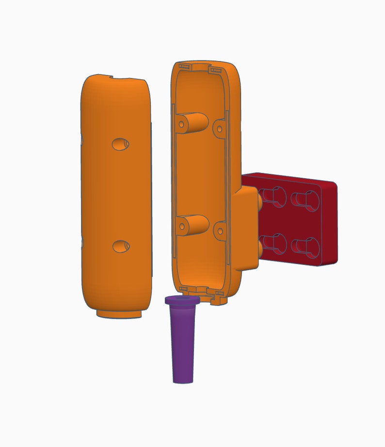 May include: A disassembled orange plastic case with a purple plastic tube and a red plastic piece with multiple holes. The case has a rectangular shape and is open on one side. The tube is cylindrical and has a rounded top. The red piece is rectangular and has a series of holes on one side.
