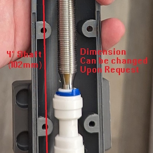 May include: A close-up of a gray metal housing with a 4-inch shaft and a 1/4-inch tubing connection. The shaft is made of stainless steel and has a 0.42-inch hole. The housing is labeled "SUS304 (10.5mm)" and "Dimension Can be changed Upon Request".